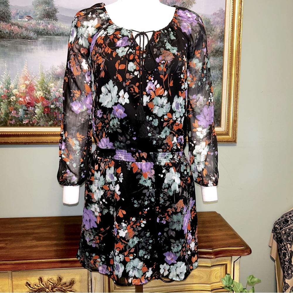 Jessica Simpson Black Lilac Green Sheer Sleeve Floral Tassel Front Tie Dress